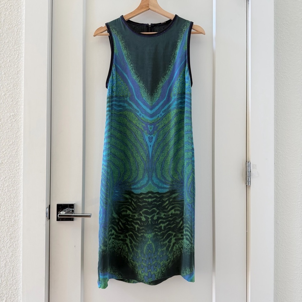 Proenza Schouler Green and Blue Sleeveless Printed Shift Dress